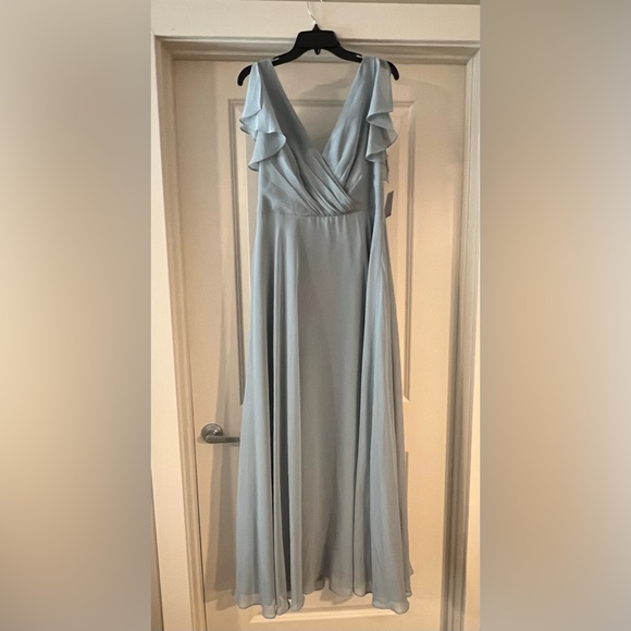david's bridal dusty blue bridesmaid dress Modest V-neck Floor Length Bridesmaid Dresses, Wedding Party Dress, MBD150